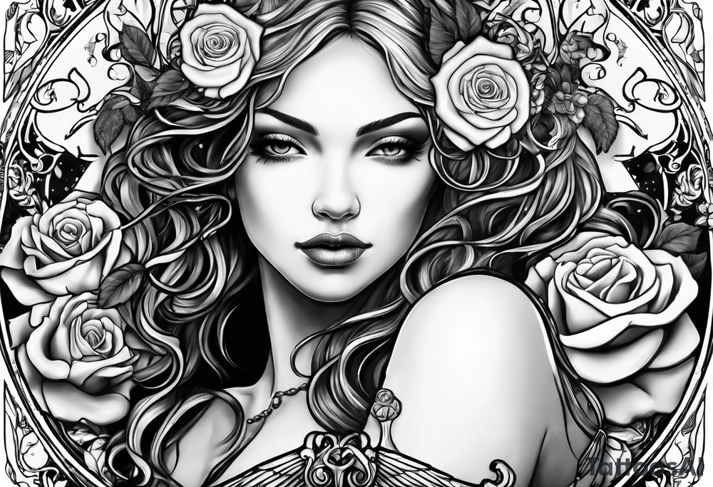Angel, roses, name MARTINA tattoo idea