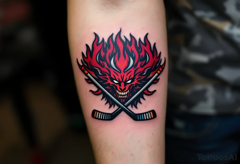 A bold black-and-burgundy Sparta Praha logo with red flames surrounding it and crossed hockey sticks beneath. tattoo idea
