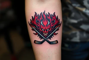 A bold black-and-burgundy Sparta Praha logo with red flames surrounding it and crossed hockey sticks beneath. tattoo idea
