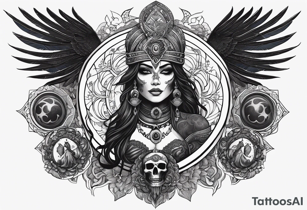black kali, goddess pirate, alien, pachamama, valkrye, warrior, skull, lotus azul, wing, eagle, zenza resonance, stars, 5D, anahata chakra tattoo idea