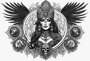 black kali, goddess pirate, alien, pachamama, valkrye, warrior, skull, lotus azul, wing, eagle, zenza resonance, stars, 5D, anahata chakra tattoo idea