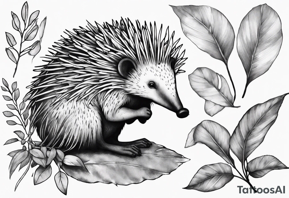 Echidna sitting on wattle and eucalyptus leaves tattoo idea