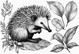 Echidna sitting on wattle and eucalyptus leaves tattoo idea