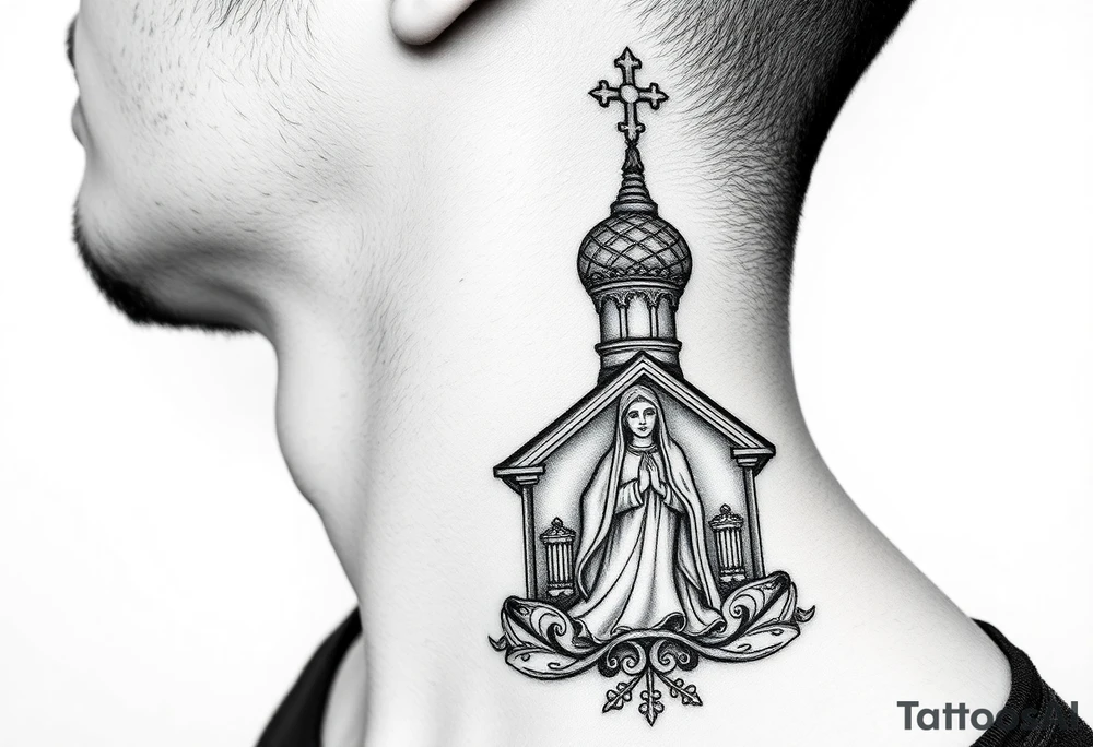 medium traditional russian orthodox church with russian coat arms and virgin mary on the side of your neck tattoo idea
