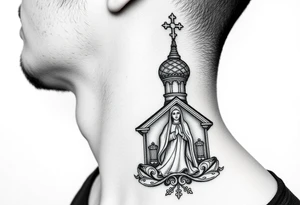 medium traditional russian orthodox church with russian coat arms and virgin mary on the side of your neck tattoo idea