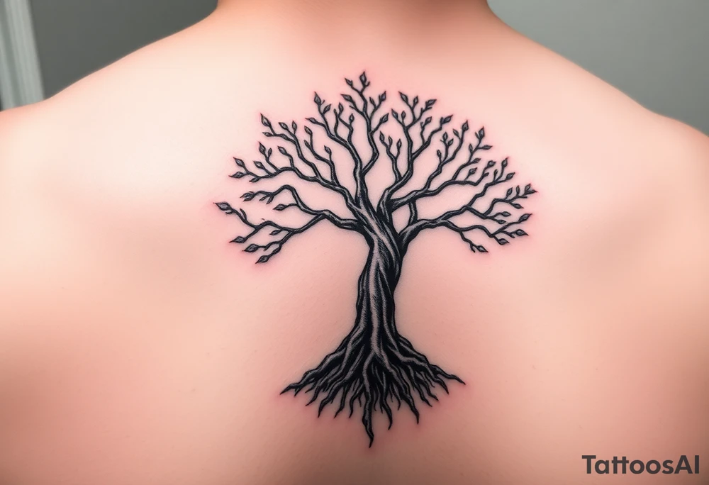 mystical tree of life with cosmic roots and celestial branches tattoo idea