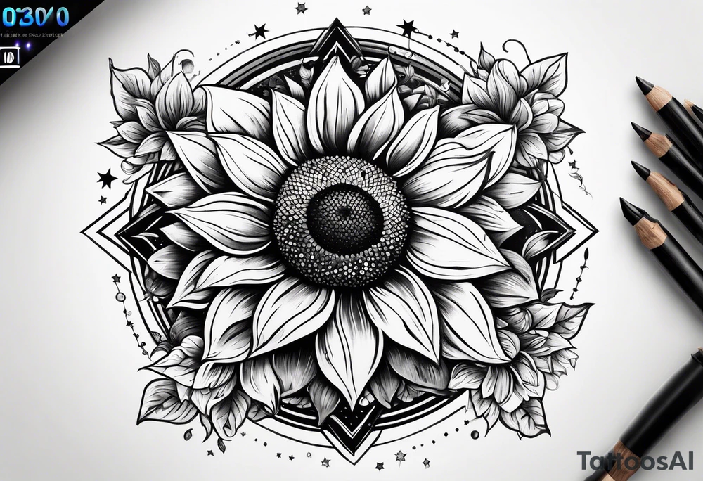 elegant tattoo design with sunflower surrounded by circle of little stars and arrow tattoo idea