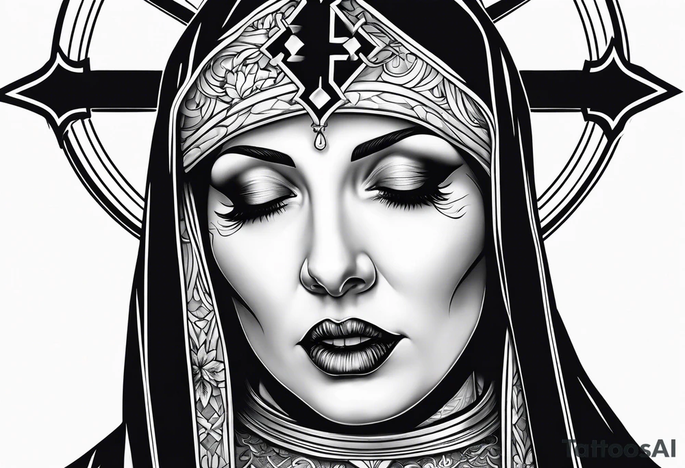 Evil Nun holding upside-down crucifix tattoo idea