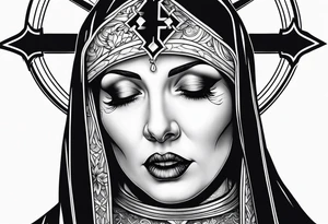 Evil Nun holding upside-down crucifix tattoo idea