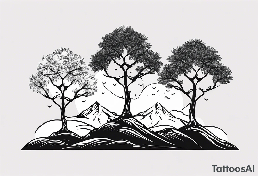 Three mountains three trees with roots tattoo idea