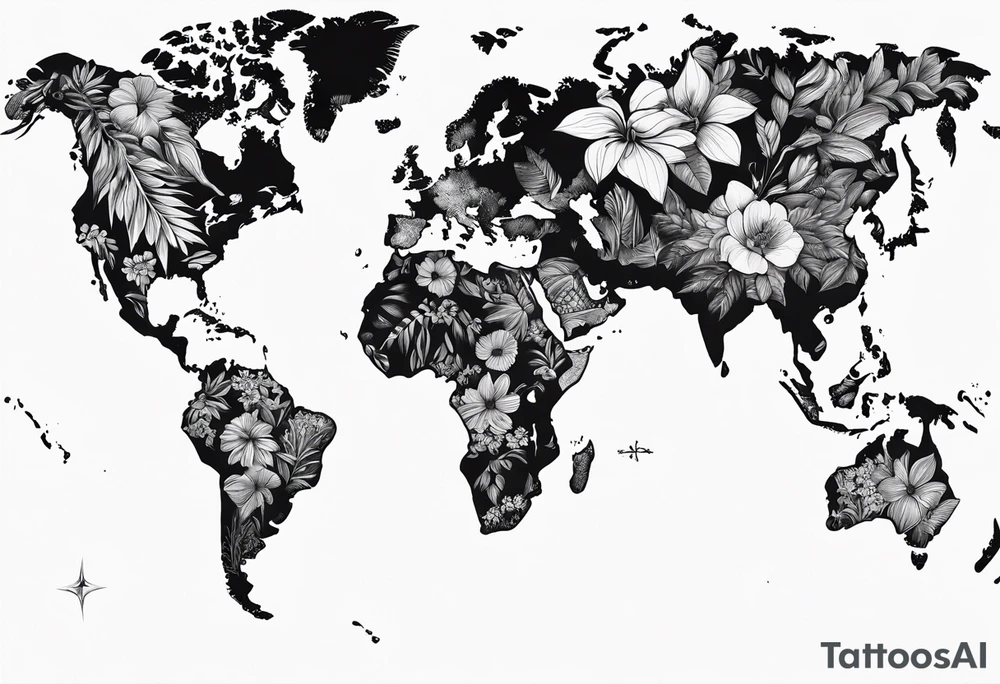World map with floral design tattoo idea