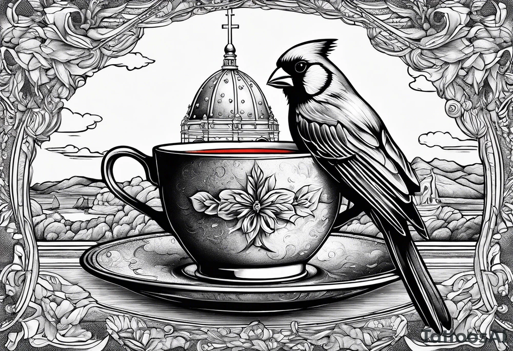 cardinal drinking a cup of coffee tattoo idea