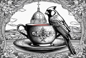 cardinal drinking a cup of coffee tattoo idea