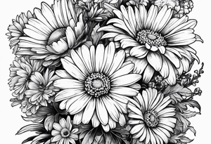 bouquet of daisy, aster, and carnations with stems tattoo idea