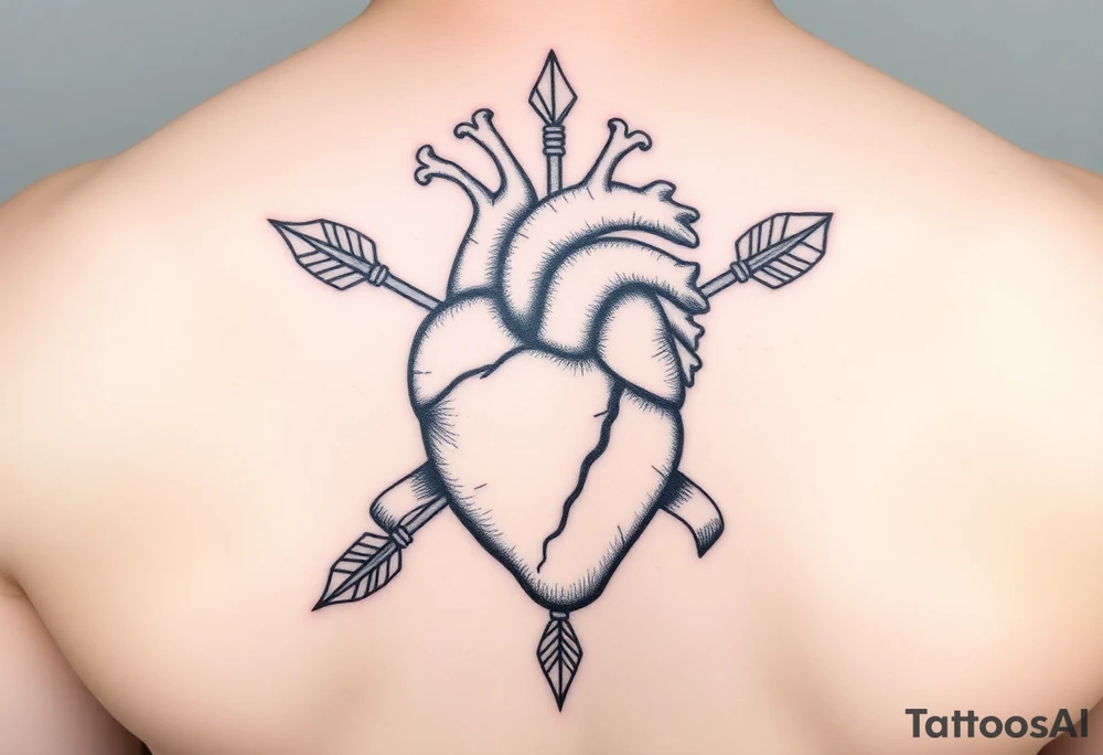 anatomical heart pierced by ornate arrow with flowing ribbons tattoo idea