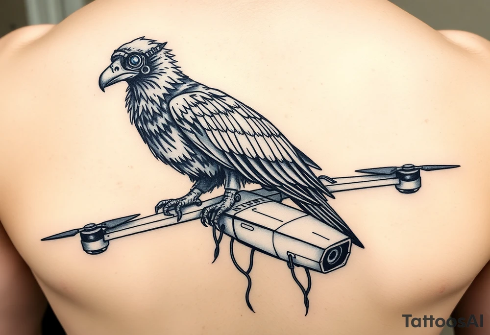 Cybernetic Vulture Perched on a Broken Drone
A scavenger bird with cybernetic enhancements, glowing eyes, and metal talons.
Perched on a busted surveillance drone, wires hanging loose like entrails.
Symbolizes survival in a tech-ravaged world. tattoo idea