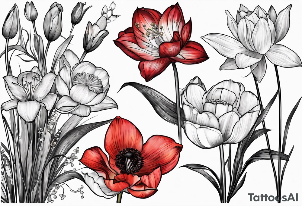 A bouquet of flowers with a water lily, gladiolus, poppy, lily of the valley, daffodil, and a honey suckle with long stems tattoo idea