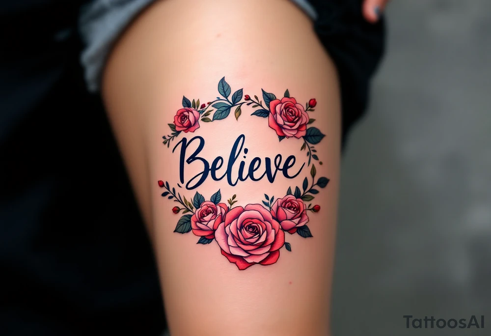 "Believe" in dark blue, surrounded by a floral wreath of roses in red and pink, symbolizing the beauty and power of persistence. tattoo idea
