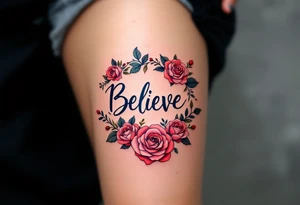 "Believe" in dark blue, surrounded by a floral wreath of roses in red and pink, symbolizing the beauty and power of persistence. tattoo idea