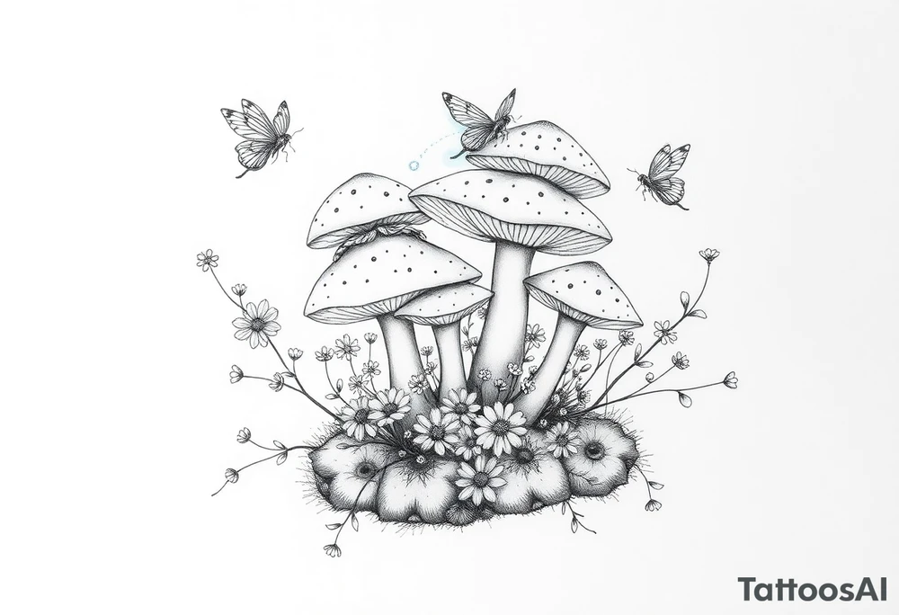 A flash tattoo design featuring mushrooms, wildflowers, and faeries could have a whimsical, nature-inspired aesthetic with fine line details and delicate shading. Here’s a concept:
	•	Central Focus: A cluster of mushrooms (such as fly agaric with speckled caps or delicate chanterelles) growing from a mossy base.
	•	Wildflowers: Sprigs of daisies, lavender, or forget-me-nots woven around the mushrooms for an organic, flowing look.
	•	Faeries: Tiny, ethereal faeries with butterfly or dragonfly wings interacting with the scene—one perched on a mushroom, another peeking from behind a flower, and a third in mid-flight, leaving a trail of sparkling dust.
	•	Additional Details: Twisting vines, tiny glowing orbs, and soft shading to create depth and enchantment. tattoo idea