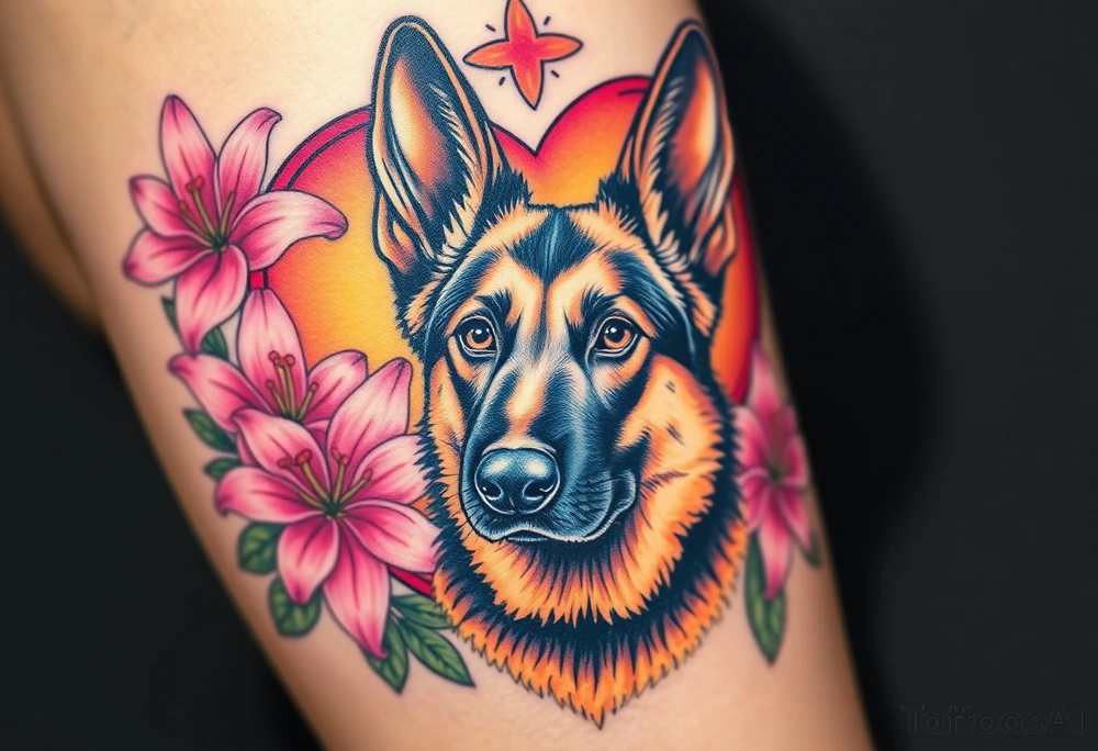 realistic german shepherd with alert ears looking protective surrounded by pink lilies with leaves in front of a sacred heart tattoo idea