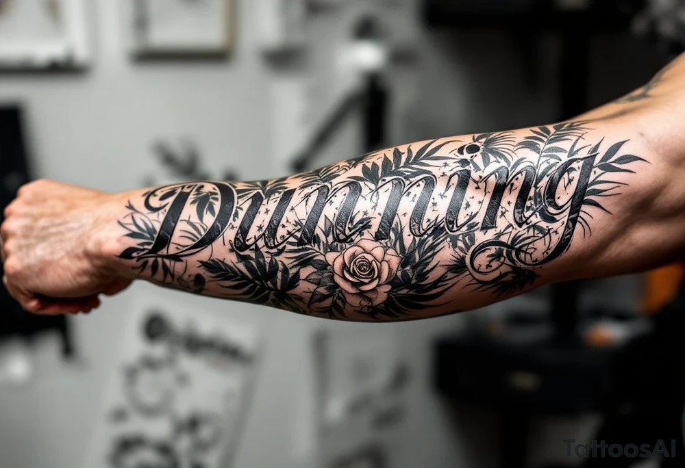 Dunning, with big jungle leaves, roses,palm trees tattoo idea Dunning, with big jungle leaves, roses,palm trees tattoo idea