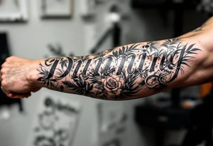 Dunning, with big jungle leaves, roses,palm trees tattoo idea
