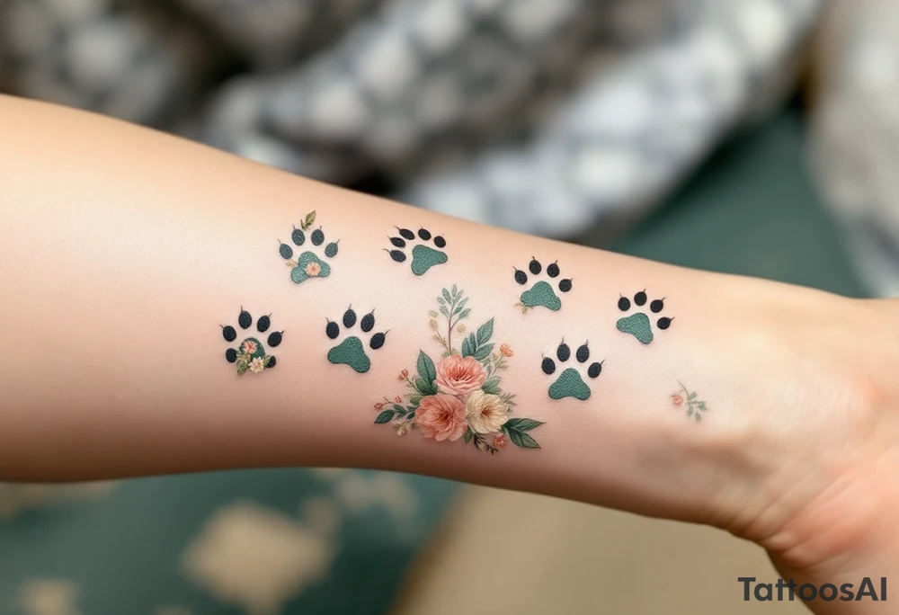 Botanical Paw Prints – Cat paw outlines made up of miniature flowers and leaves in green, rose, and beige tones, combining nature and feline grace. tattoo idea