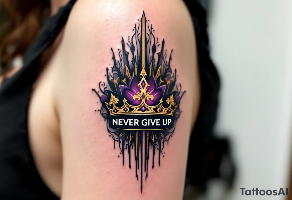 A queen crown above "never give up" in royal purple and dark gold, signifying resilience and self-worth. tattoo idea