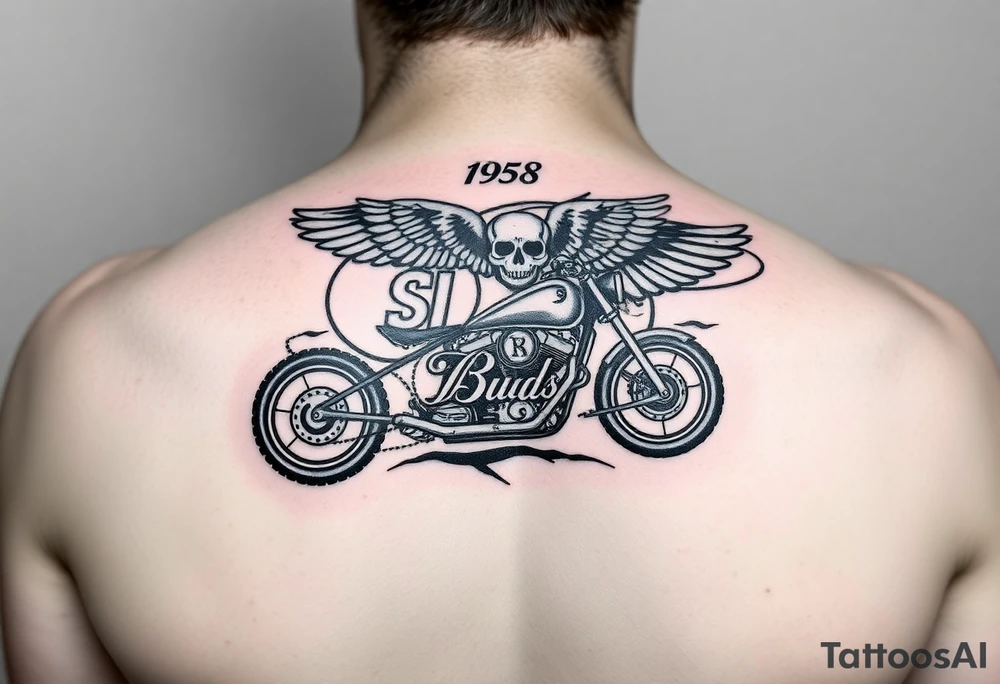 Dale Earnhardt car on it with the year 1958 - 2021 intertwined with a motorcycle with a Budweiser logo on it with a guardian angel wolf tattoo idea
