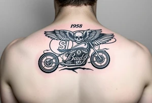 Dale Earnhardt car on it with the year 1958 - 2021 intertwined with a motorcycle with a Budweiser logo on it with a guardian angel wolf tattoo idea