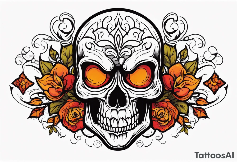 Scary skull that is red and orange tattoo idea