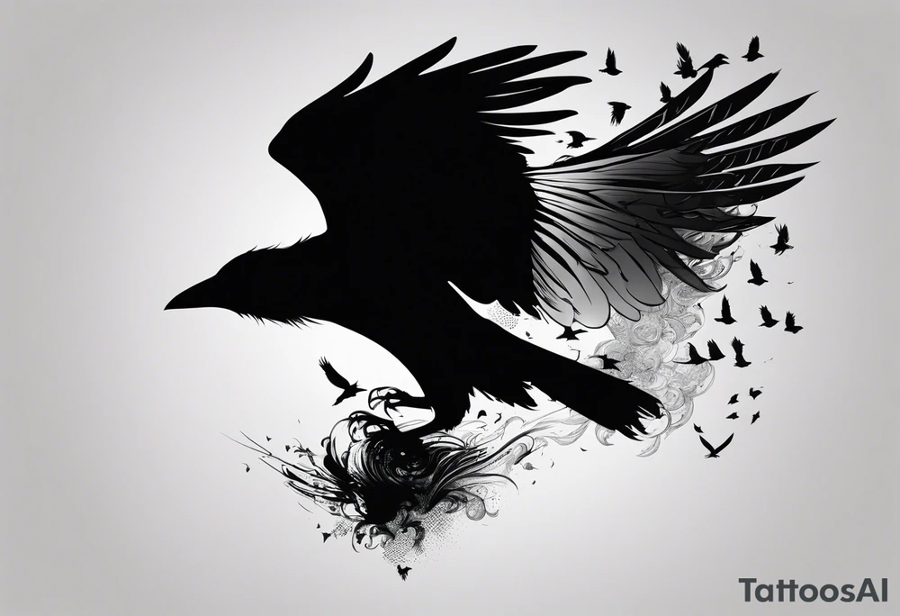 Silhouette of a man on his hands and knees bent over with crows coming out his back like pieces of him flying away. tattoo idea