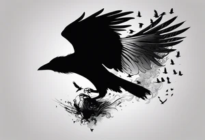 Silhouette of a man on his hands and knees bent over with crows coming out his back like pieces of him flying away. tattoo idea