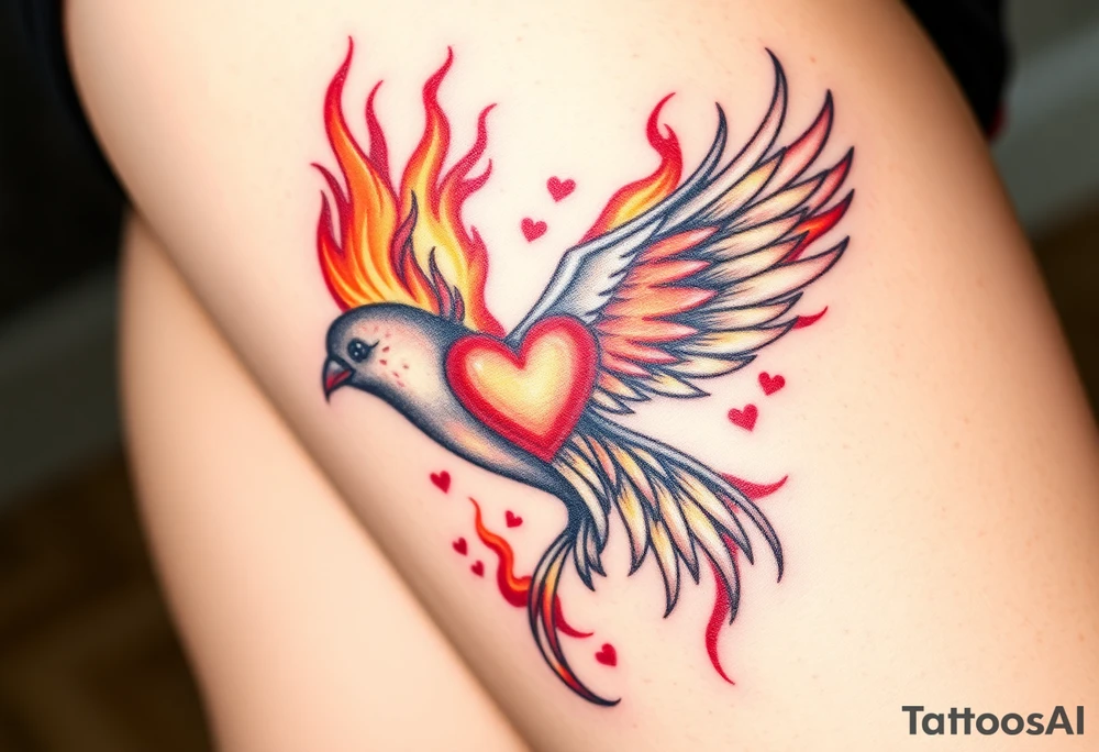 A fiery bird print with hearts engulfed in flames, using shades of red, orange, and yellow, symbolizing passion and energy tattoo idea