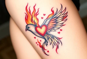 A fiery bird print with hearts engulfed in flames, using shades of red, orange, and yellow, symbolizing passion and energy tattoo idea