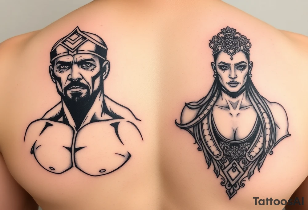 i need tatoo of merab(the machine) and ilia(el matador) ufc fighters
, i need machine as person form with papakha(headgear on first photo) and second person something related to el matador, black tattoo style tattoo idea