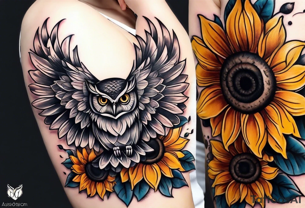 Small owl with sunflowers and butterflies arm sleeve tattoo idea