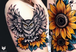 Small owl with sunflowers and butterflies arm sleeve tattoo idea