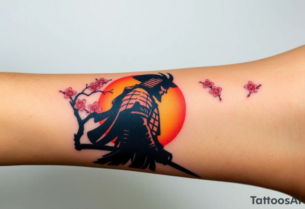 noble samurai warrior silhouette at sunset with cherry blossoms tattoo idea