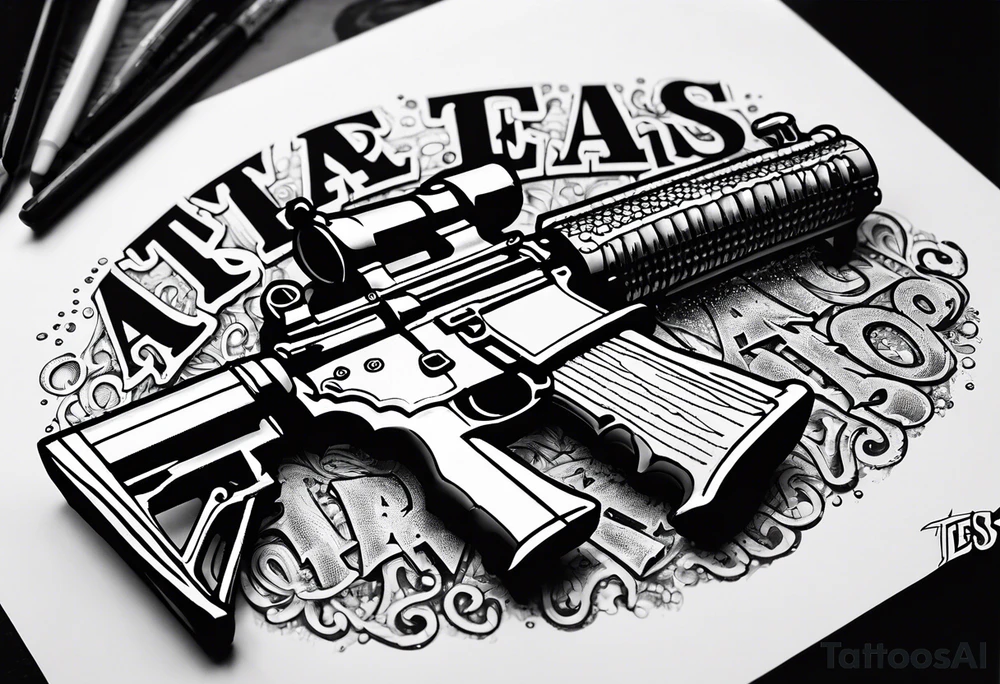 AR15 dripping syrup and the words Texas Made in bubble tag letters on top of the AR tattoo idea