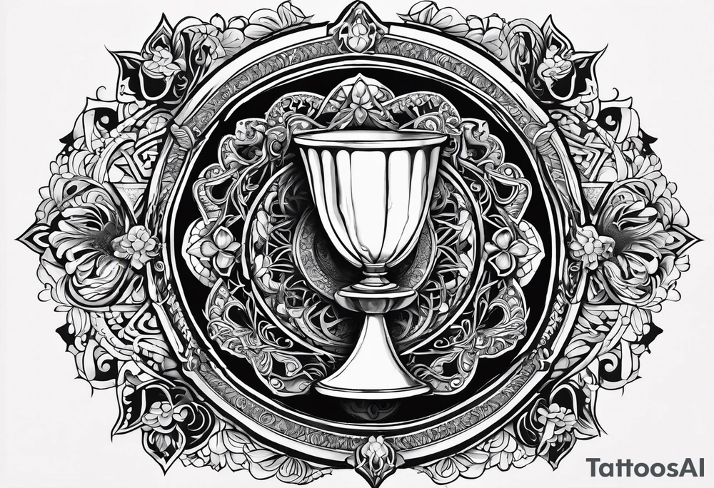 Illustrate a sacred chalice filled with symbolic water from different religious traditions, representing the shared essence of purity and spiritual nourishment. tattoo idea