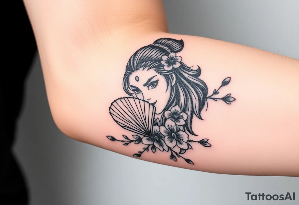 Warrior girl with fan on her face cherry blossoms tattoo idea