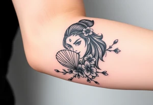 Warrior girl with fan on her face cherry blossoms tattoo idea