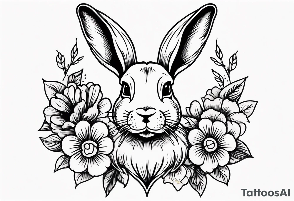 Rabbit head and flowers tattoo idea