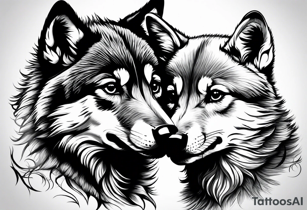2 wolf cubs adoring and cute (one female, one male) tattoo idea
