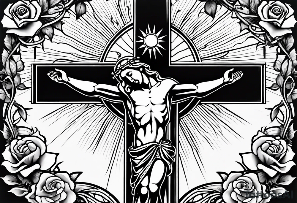crucifix with vines and roses growing around it and sun beams coming from it tattoo idea