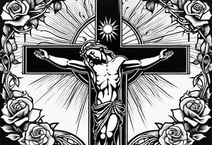 crucifix with vines and roses growing around it and sun beams coming from it tattoo idea