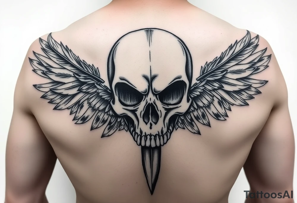 Half sleeve skull design with dagger and feathers tattoo idea