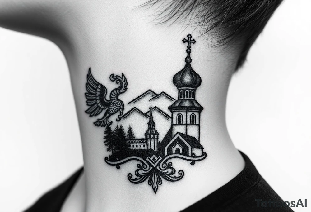 Traditional authentic Russian coat of arms with a Christian orthodox virgin marry in the middle and silhouette in a Russian wilderness Christian orthodoxy dome church village setting on the side of my neck tattoo idea